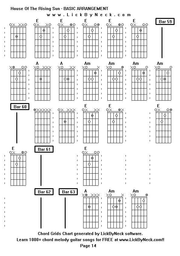 Chord Grids Chart of chord melody fingerstyle guitar song-House Of The Rising Sun - BASIC ARRANGEMENT,generated by LickByNeck software.